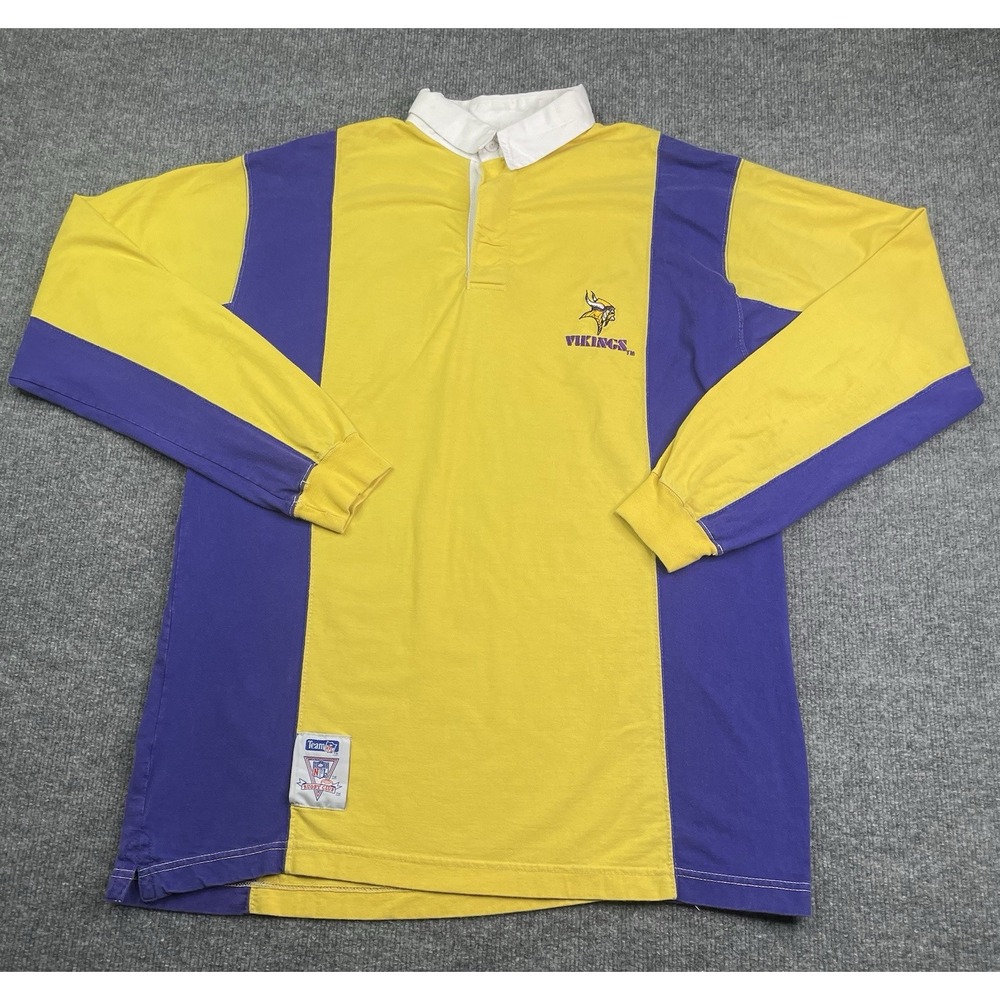 VINTAGE Minnesota Vikings Rugby Club Shirt Men's L Yellow Purple Polo NFL Y2K - Picture 2 of 8